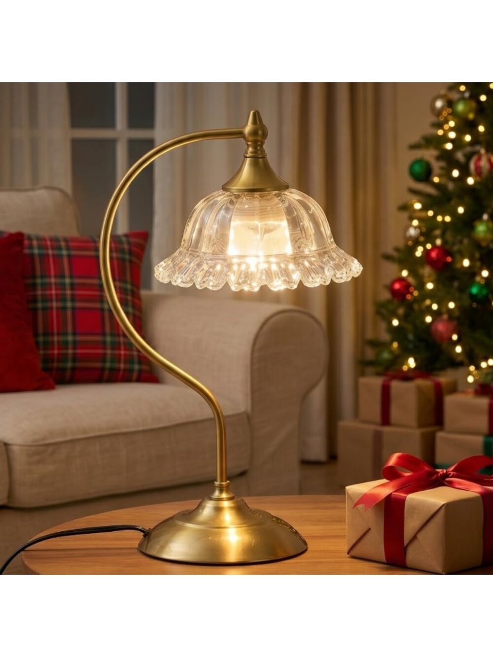 Vintage Brass Table Lamp with Glass Flower Design for Living Room or Bedroom